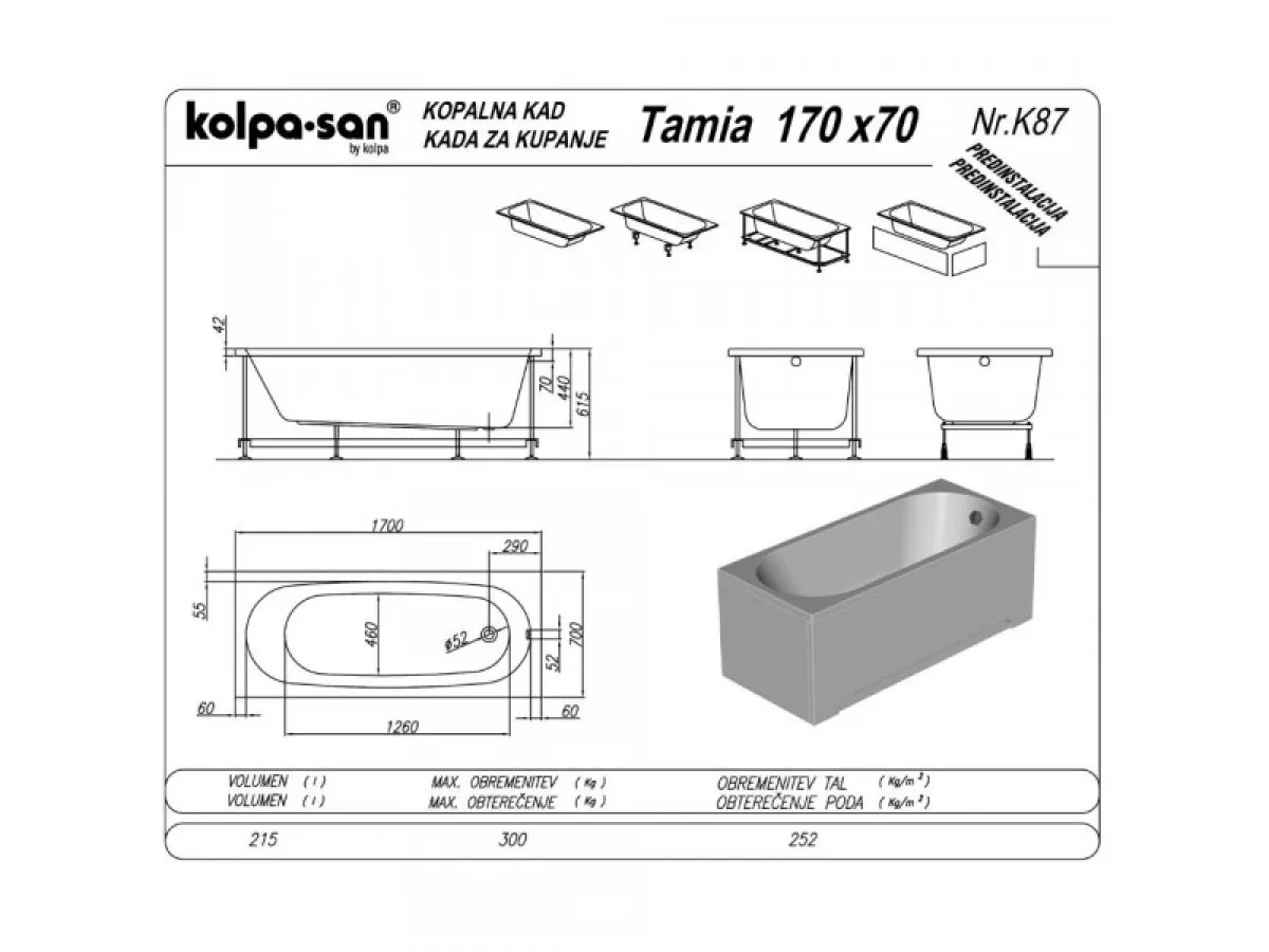 KOLPA TAMIA 170x70 UN ugradna (univerzalna) kada - 992230 