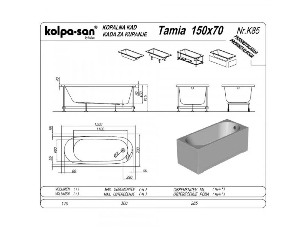 KOLPA TAMIA 160x70 UN ugradna (univerzalna) kada - 752900 