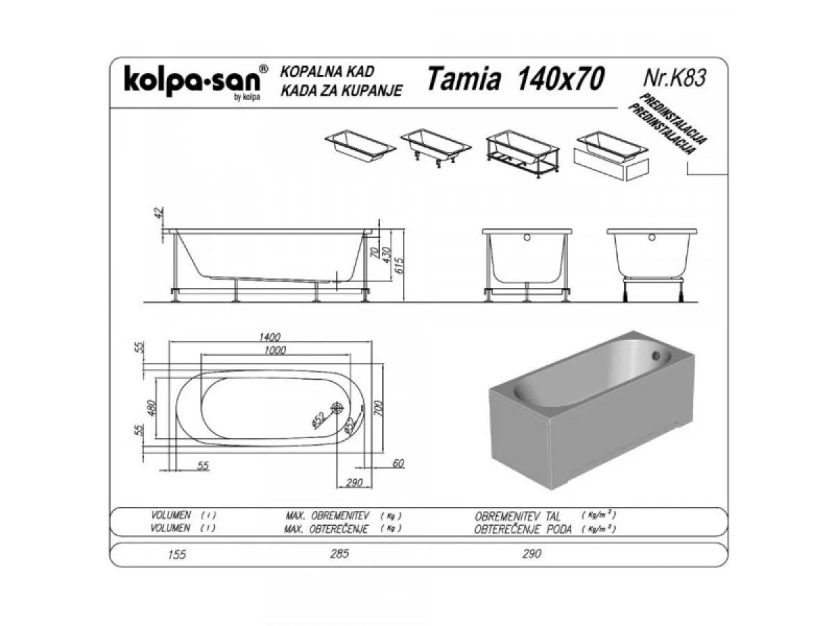 KOLPA TAMIA 140x70 UN ugradna (univerzalna) kada - 752910 