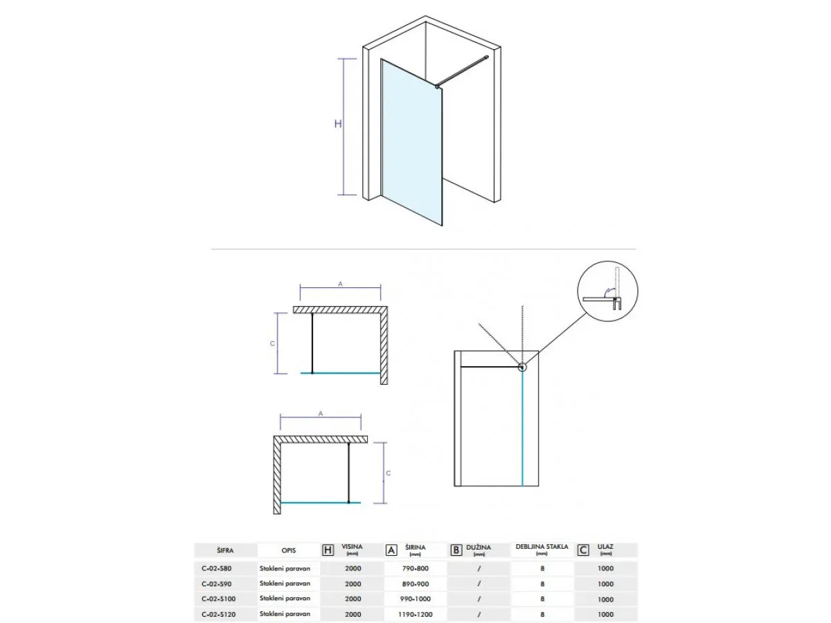 CONCEPT Stakleni paravan  MONTE 1000x2000 8mm staklo C-02-S100 