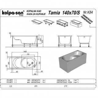 KOLPA TAMIA 140x70/S UN ugradna, sa sedištem (univerzalna) kada - 752940 