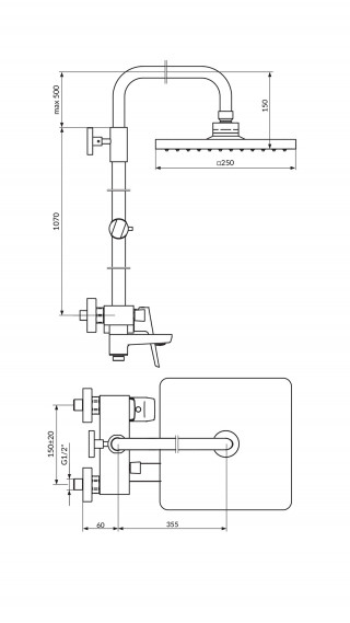 Stolz Baterija Za Tus Kadu Sa Kvadratnim Usponskim Tusem 250X250Mm I Izlivom 137352W 