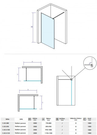 CONCEPT Stakleni paravan  MONTE 1000x2000 8mm staklo C-02-S100 