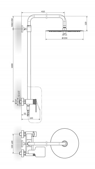 Stolz S2 Gold Baterija Za Tus Kadu Sa Usponskim Tusem D.250Mm 237251G 