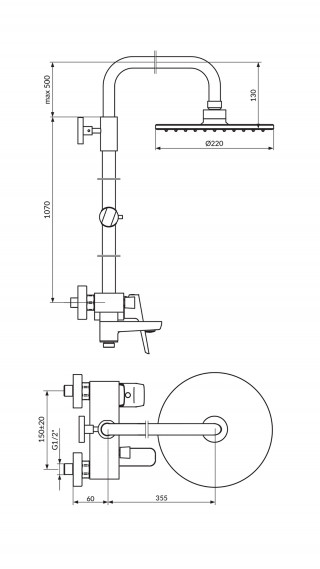 Stolz Baterija Za Tus Kadu Sa Usponskim Tusem D.220Mm I Izlivom 137351W 