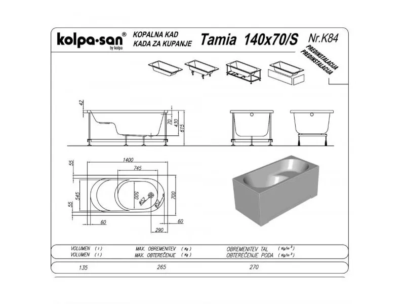 KOLPA TAMIA 140x70/S UN ugradna, sa sedištem (univerzalna) kada - 752940 