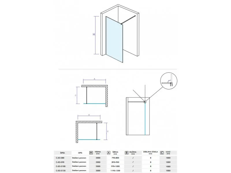 CONCEPT Stakleni paravan  MONTE 1000x2000 8mm staklo C-02-S100 