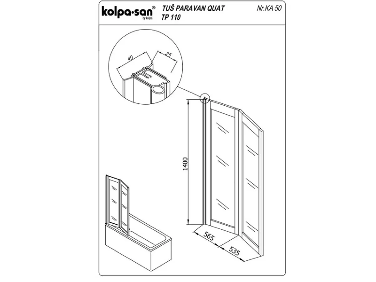 KOLPA TP QUAT 110 UNI - dvodelni paravan, POLISTIREN,BELI h=140 - 790510 