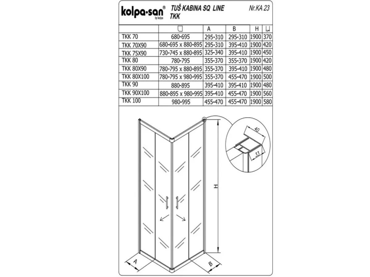 KOLPA SQ line TKK 70x70 S/CH SILVER 5/6 mm SILVER/CINCILA h=190 - 512650 