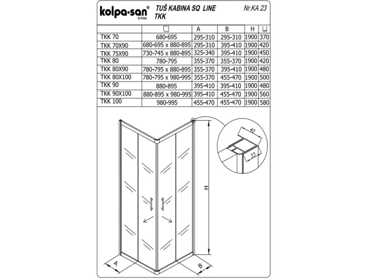 KOLPA SQ line TKK 70x90 S/K SILVER 5/6 mm SILVER/PROVIDNO h=190 - 511240 