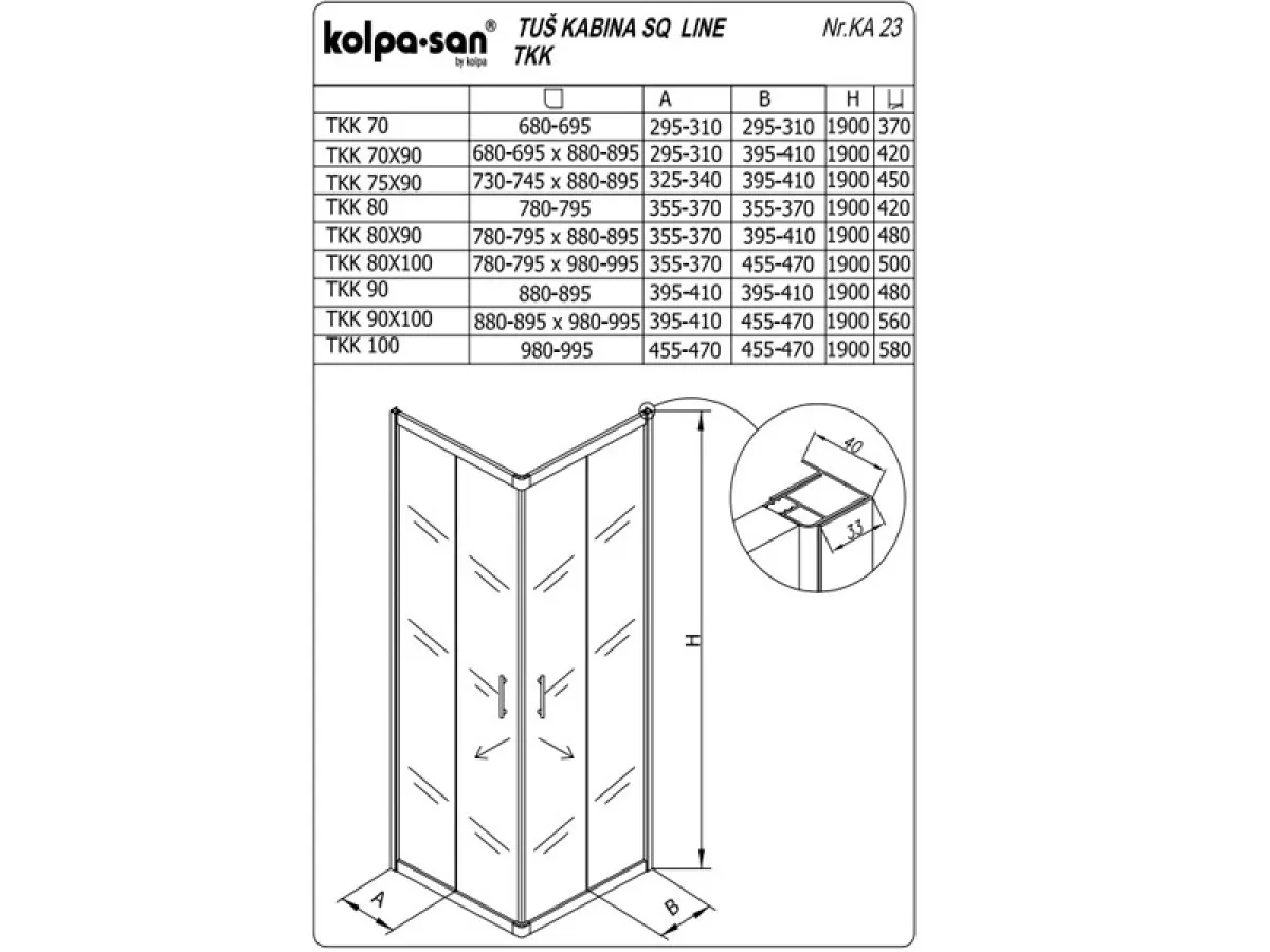 KOLPA SQ line TKK 70x90 S/CH SILVER 5/6 mm SILVER/CINCILA h=190 - 511220 