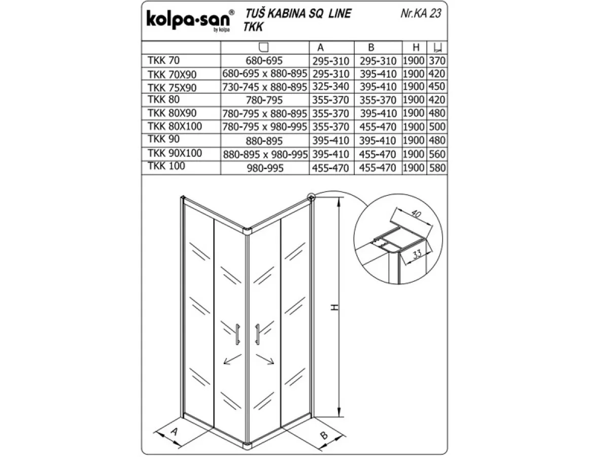 KOLPA SQ line TKK 75x90 S/K BELA 5/6 mm BELA/PROVIDNO h=190 - 511250 