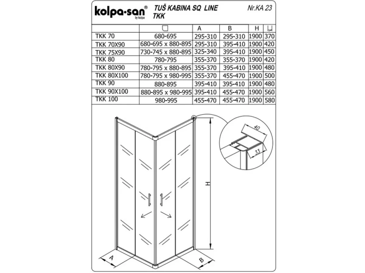 KOLPA SQ line TKK 75x90 S/CH BELA 5/6 mm BELA/CINCILA h=190 - 511260 