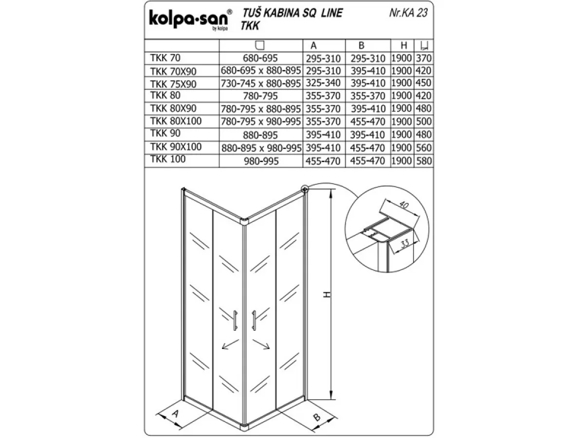 KOLPA SQ line TKK 75x90 S/CH SILVER 5/6 mm SILVER/CINCILA h=190 - 511280 