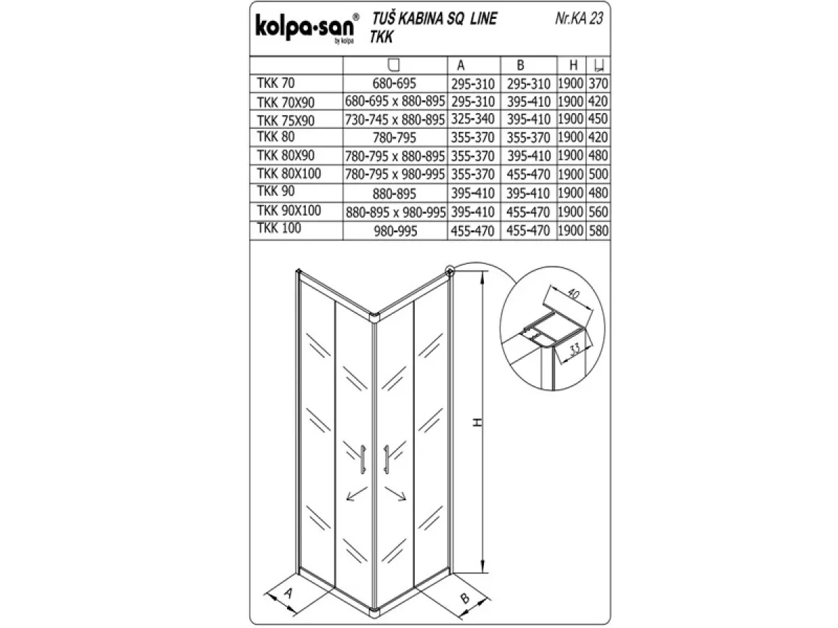 KOLPA SQ line TKK 80x90 S/K BELA 5/6 mm BELA/PROVIDNO h=190 - 511350 