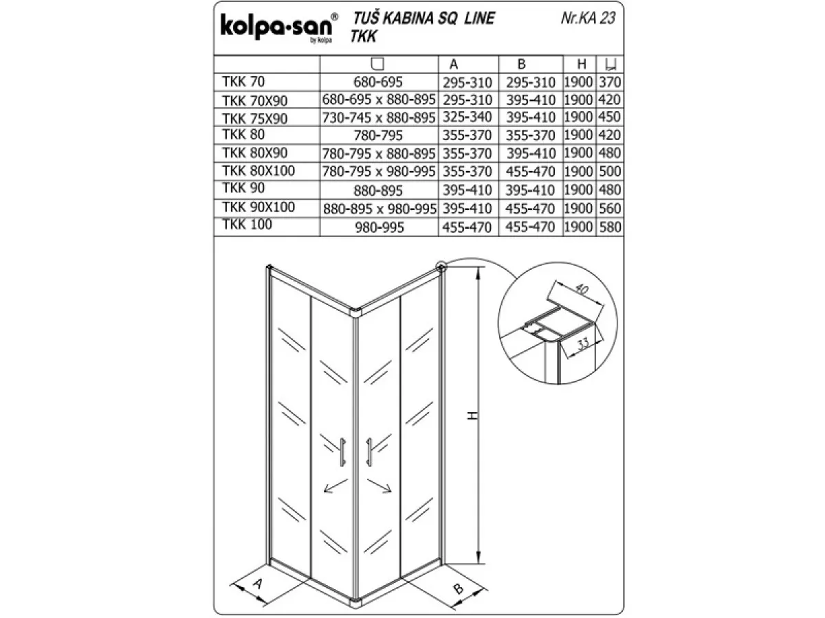 KOLPA SQ line TKK 80x90 S/K SILVER 5/6 mm SILVER/PROVIDNO h=190 - 511360 