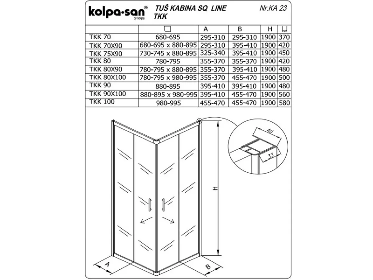 KOLPA SQ line TKK 80x100 S/CH BELA 5/6 mm BELA/CINCILA h=190 - 511290 