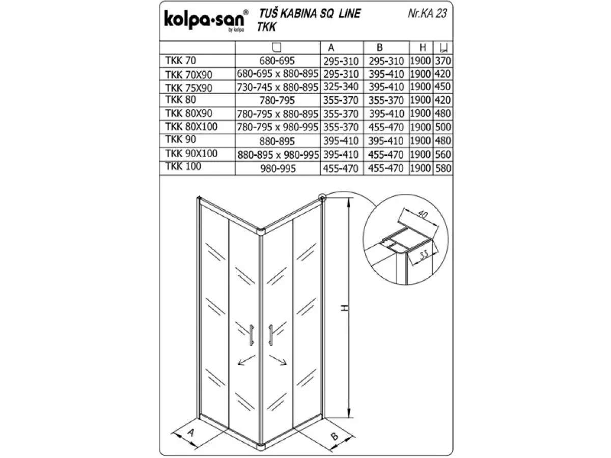 KOLPA SQ line TKK 90x100 S/K BELA 5/6 mm BELA/PROVIDNO h=190 - 511390 