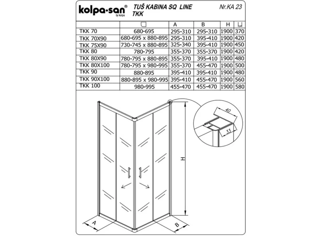 KOLPA SQ line TKK 90x100 S/CH BELA 5/6 mm BELA/CINCILA h=190 - 511370 