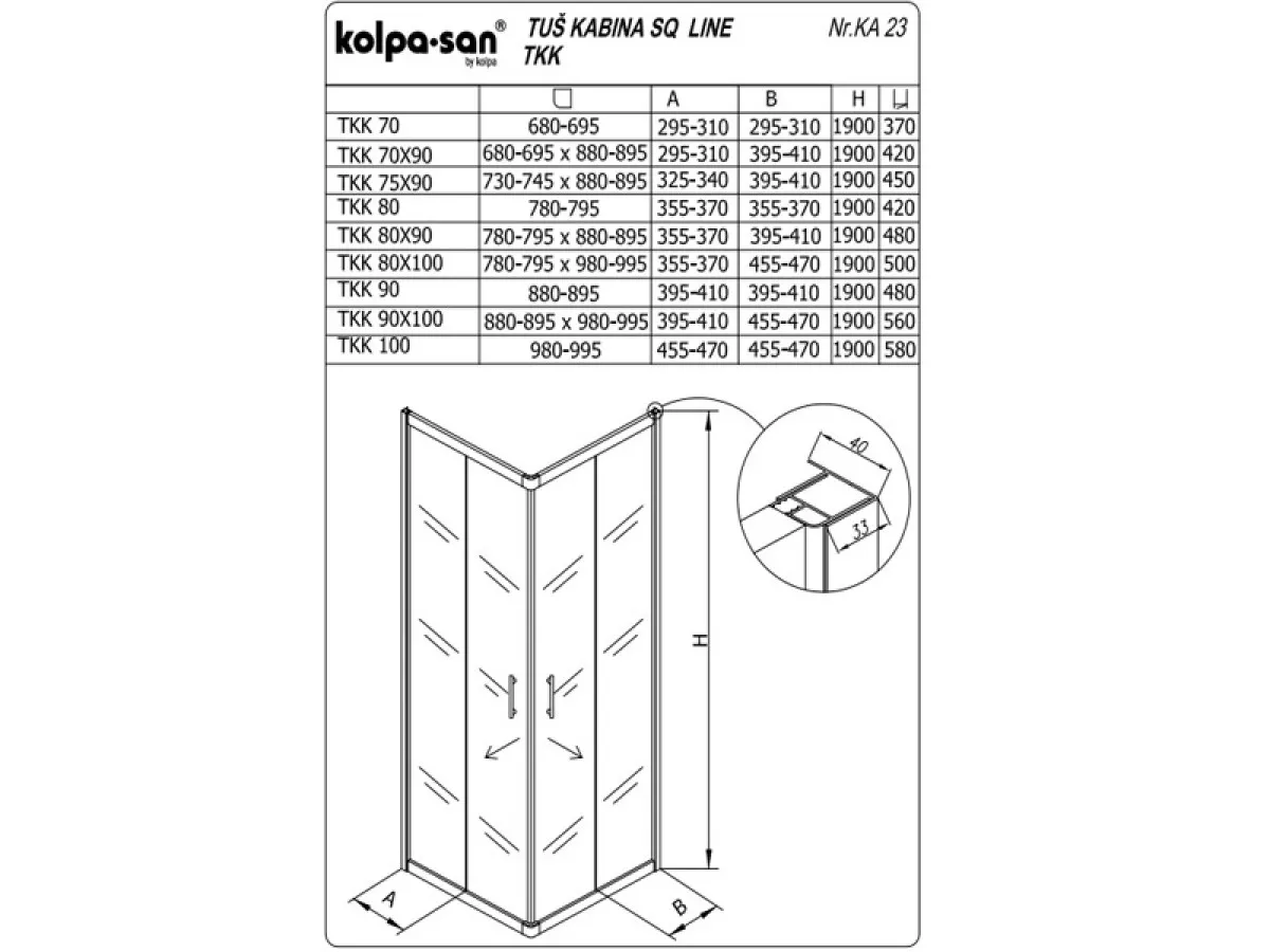 KOLPA SQ line TKK 90x100 S/CH SILVER 5/6 mm SILVER/CINCILA h=190 - 511380 