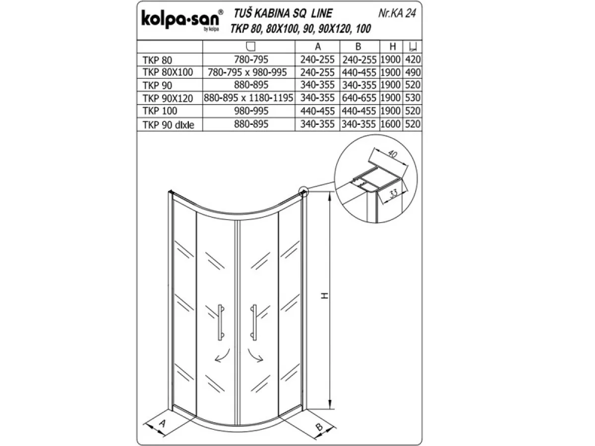 KOLPA SQ line TKP 80x100 S/K BELA 5/6 mm BELA/PROVIDNO h=190 - 511470 