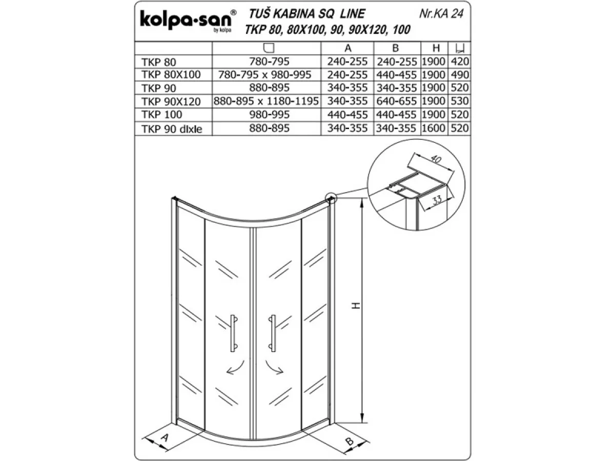 KOLPA SQ line TKP 80x100 S/K SILVER 5/6 mm SILVER/PROVIDNO h=190 - 511480 