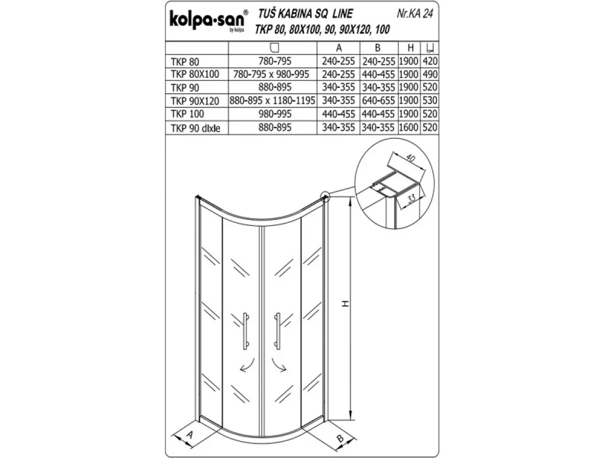 KOLPA SQ line TKP 90 S/K BELA 5/6 mm BELA/PROVIDNO h=190 - 511110 