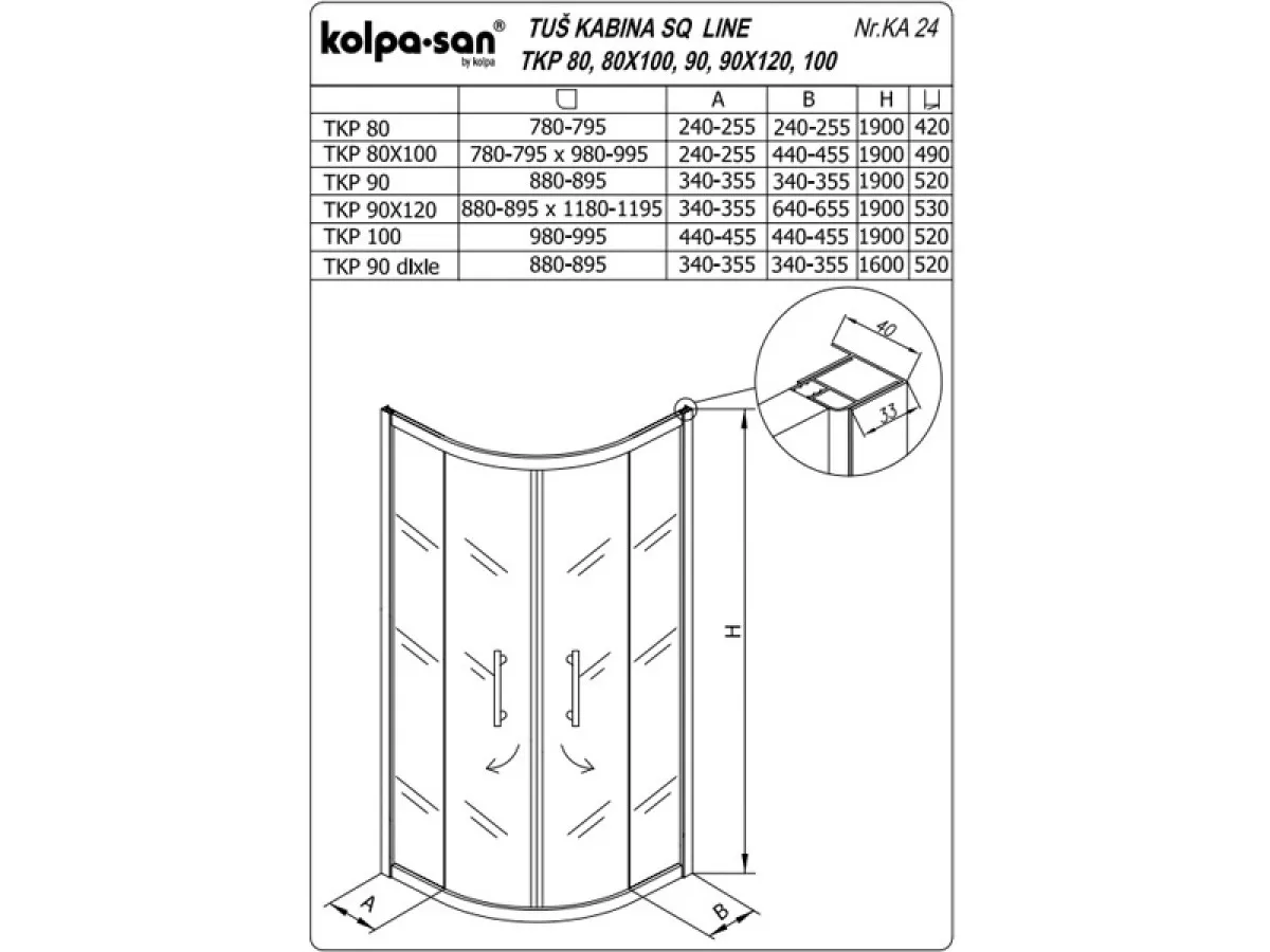 KOLPA SQ line TKP 90 S/CH BELA 5/6 mm BELA/CINCILA h=190 - 511090 