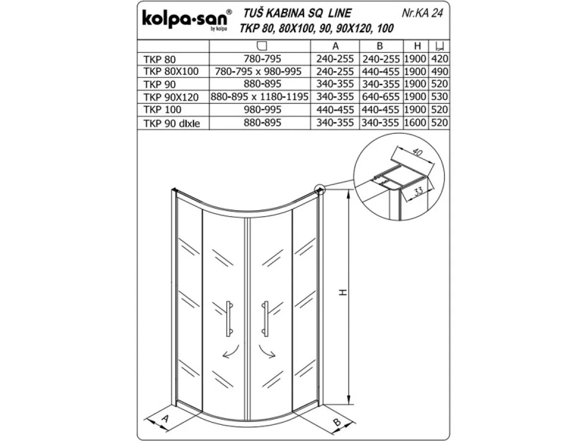 KOLPA SQ line TKP 90x120 S/CH BELA 5/6 mm BELA/CINCILA h=190 - 511510 