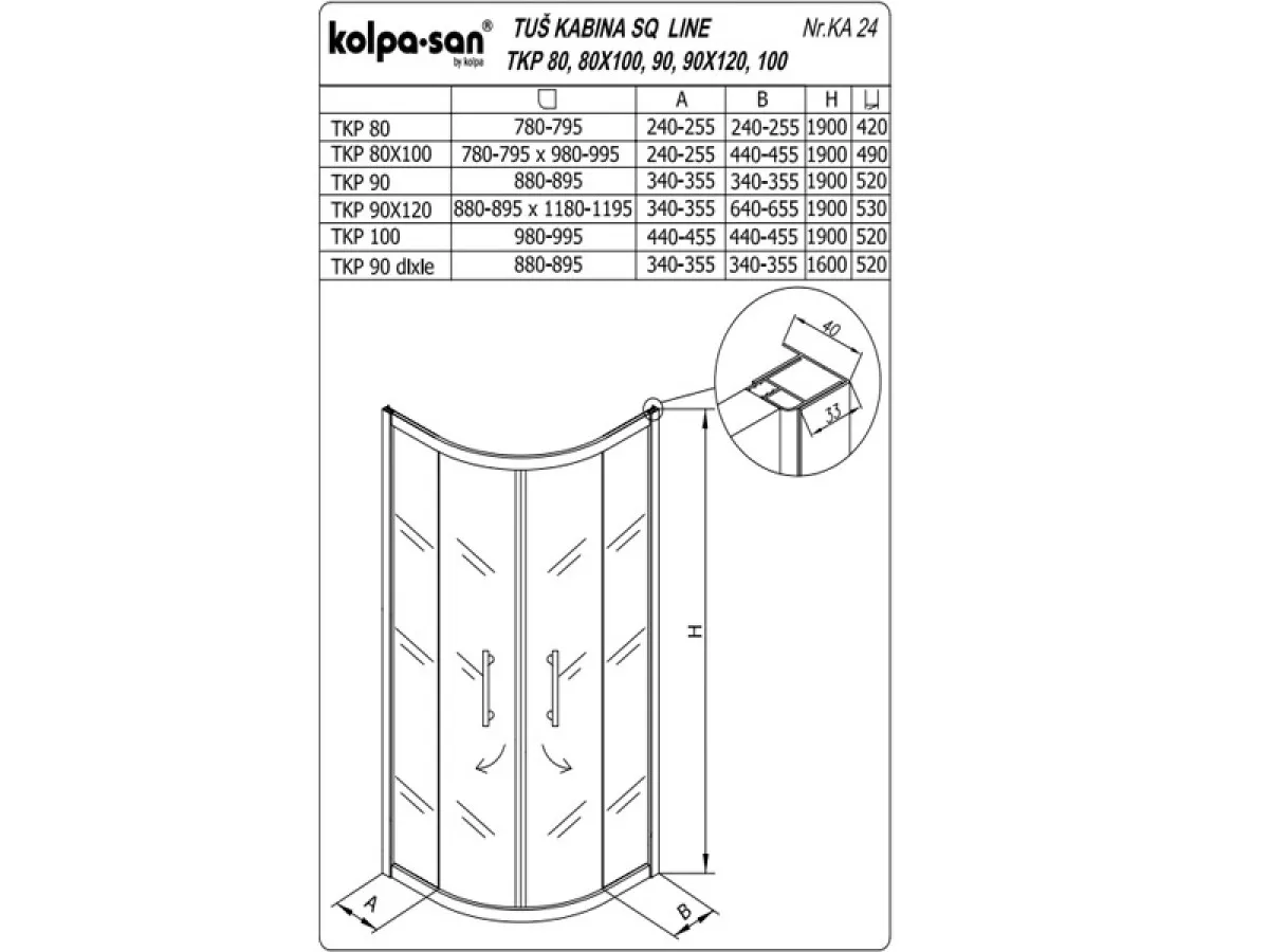 KOLPA SQ line TKP 90x120 S/CH SILVER 5/6 mm SILVER/CINCILA h=190 - 511520 