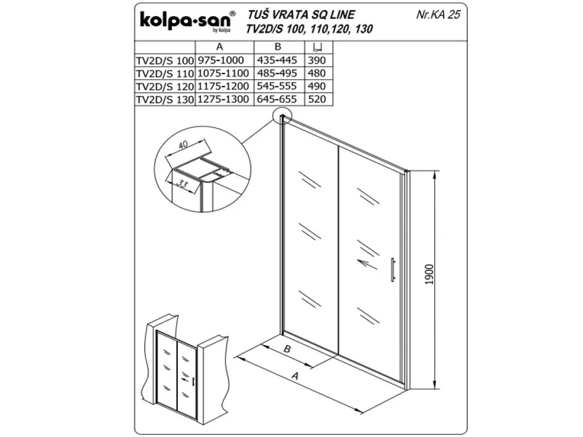 KOLPA TV2D/S SQ line 100 S/K BELA tus vrata 5/6 mm BELA/PROVIDNA h=190 - 511570 