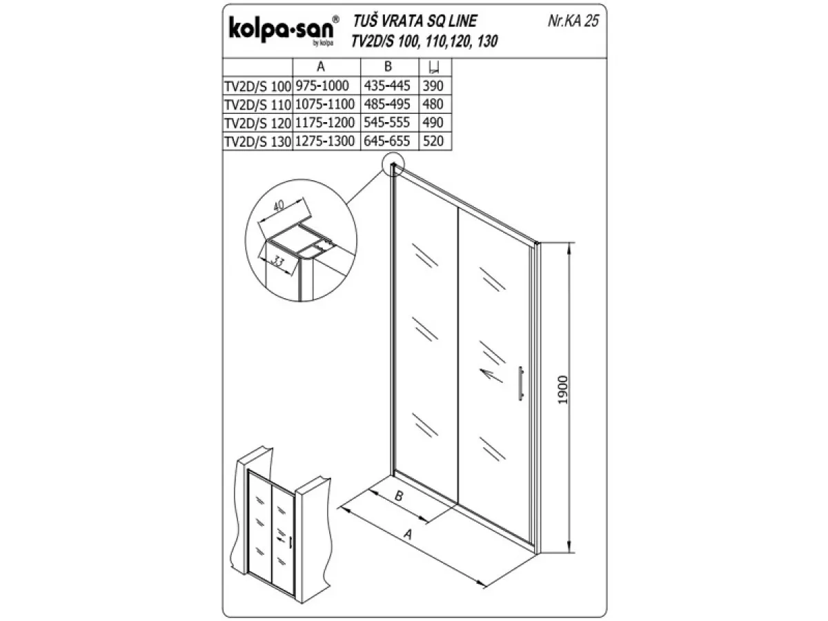 KOLPA TV2D/S SQ line 100 S/CH BELA tus vrata 5/6 mm BELA/CINCILA h=190 - 511550 