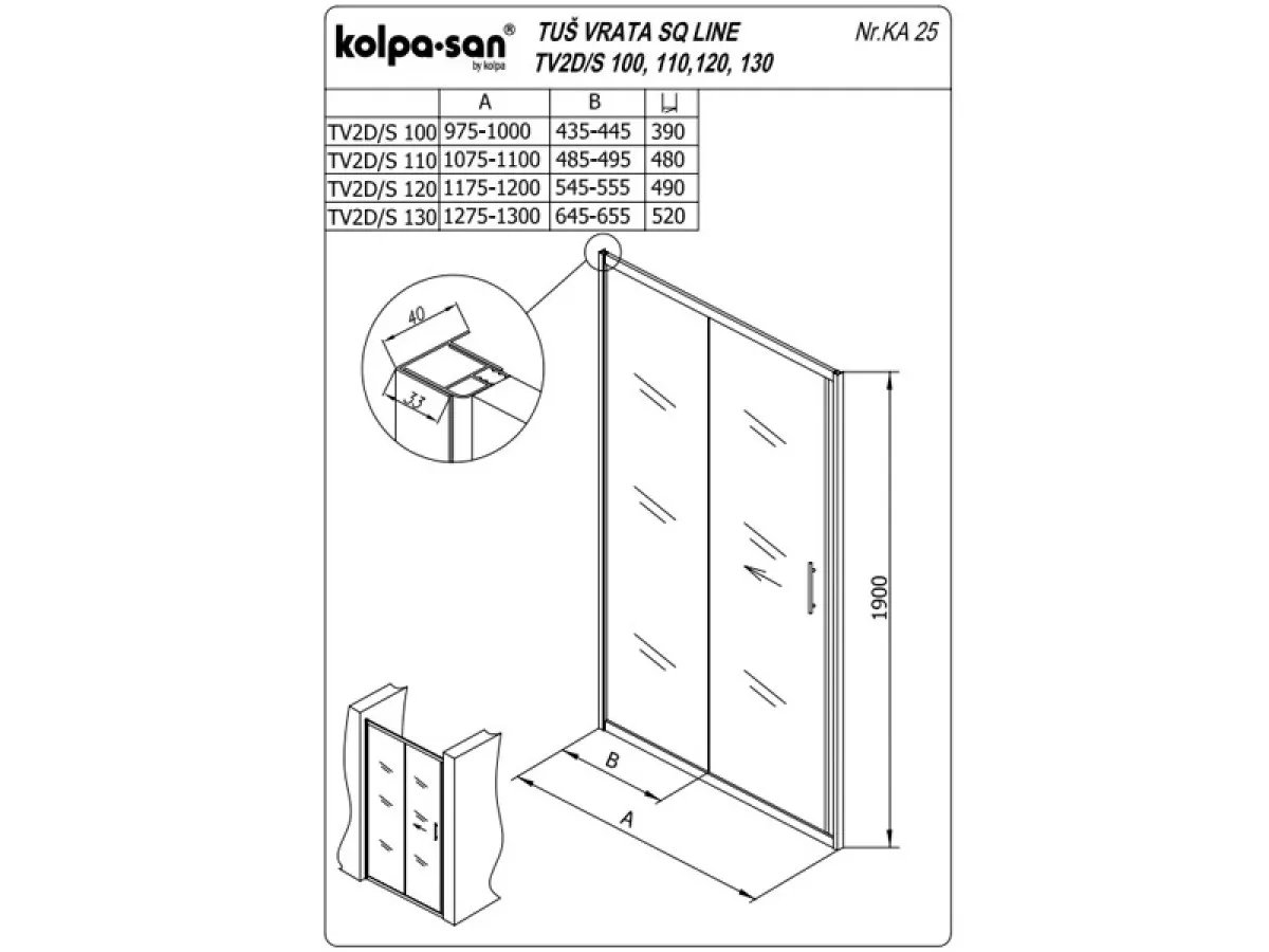 KOLPA TV2D/S SQ line 120 S/K SILVER tus vrata 5/6 mm SILVER/PROVIDNA h=190 - 511660 