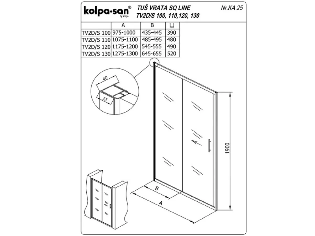 KOLPA TV2D/S SQ line 120 S/CH BELA tus vrata 5/6 mm BELA/CINCILA h=190 - 511630 