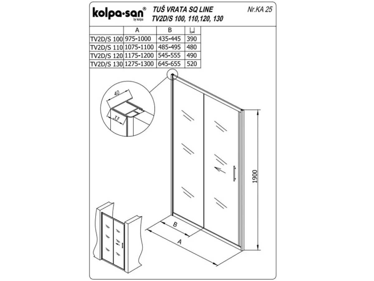 KOLPA TV2D/S SQ line 130 S/K BELA tus vrata 5/6 mm BELA/PROVIDNO h=190 - 511690 