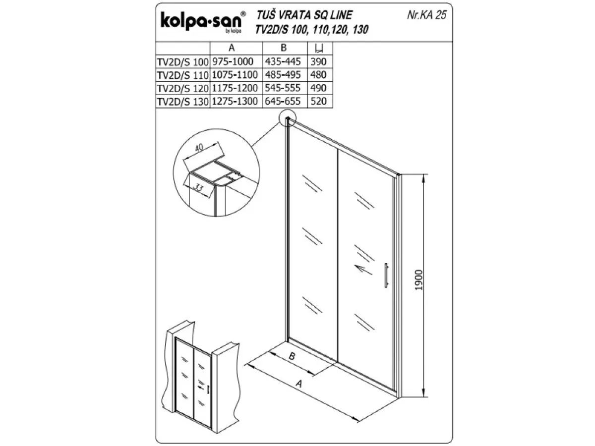 KOLPA TV2D/S SQ line 130 S/CH BELA tus vrata 5/6 mm BELA/CINCILA h=190 - 511670 