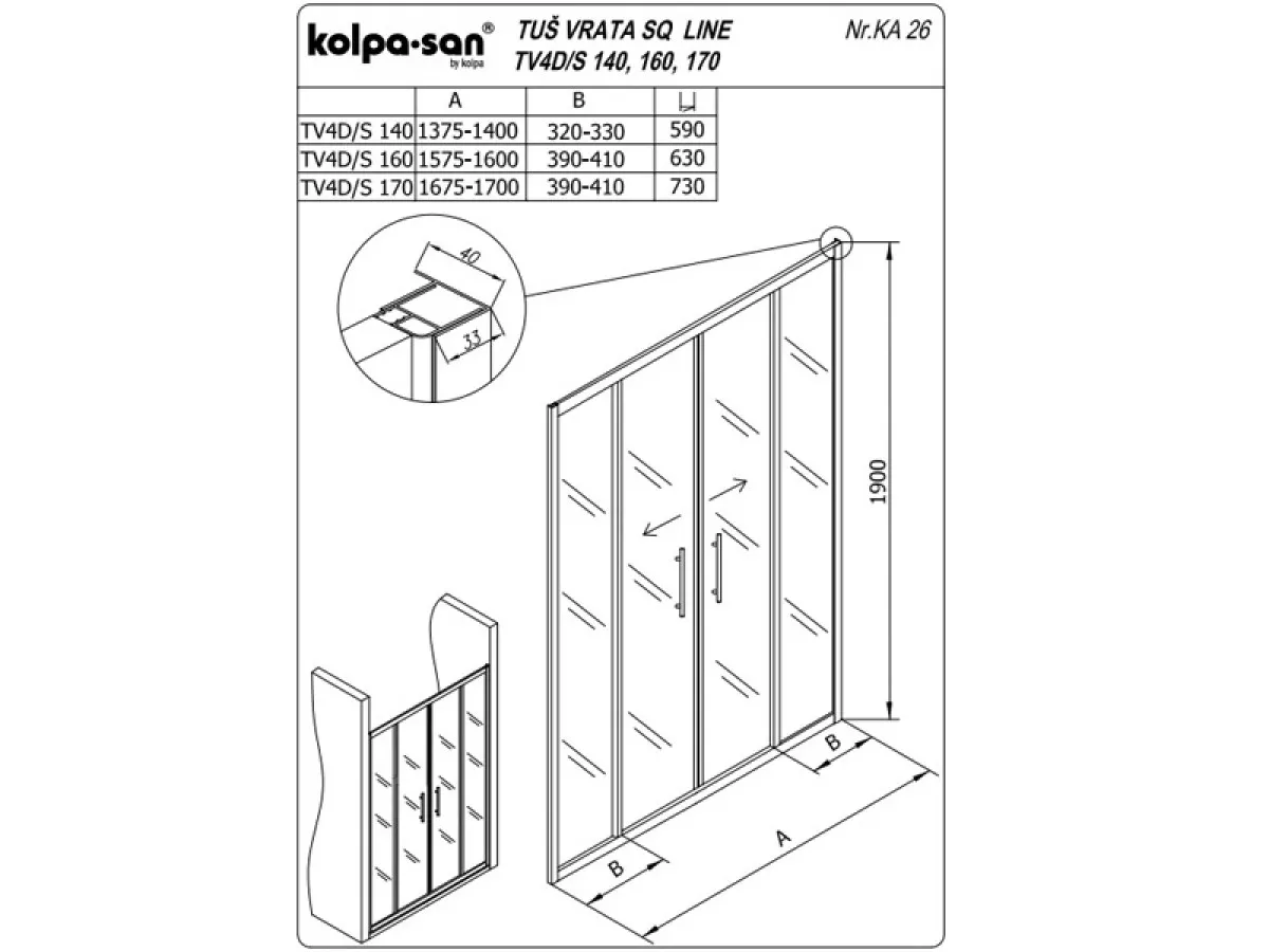 KOLPA TV4D/S SQ line 140 S/K BELA tus vrata 5/6 mm BELA/PROVIDNO h=190 - 511730 