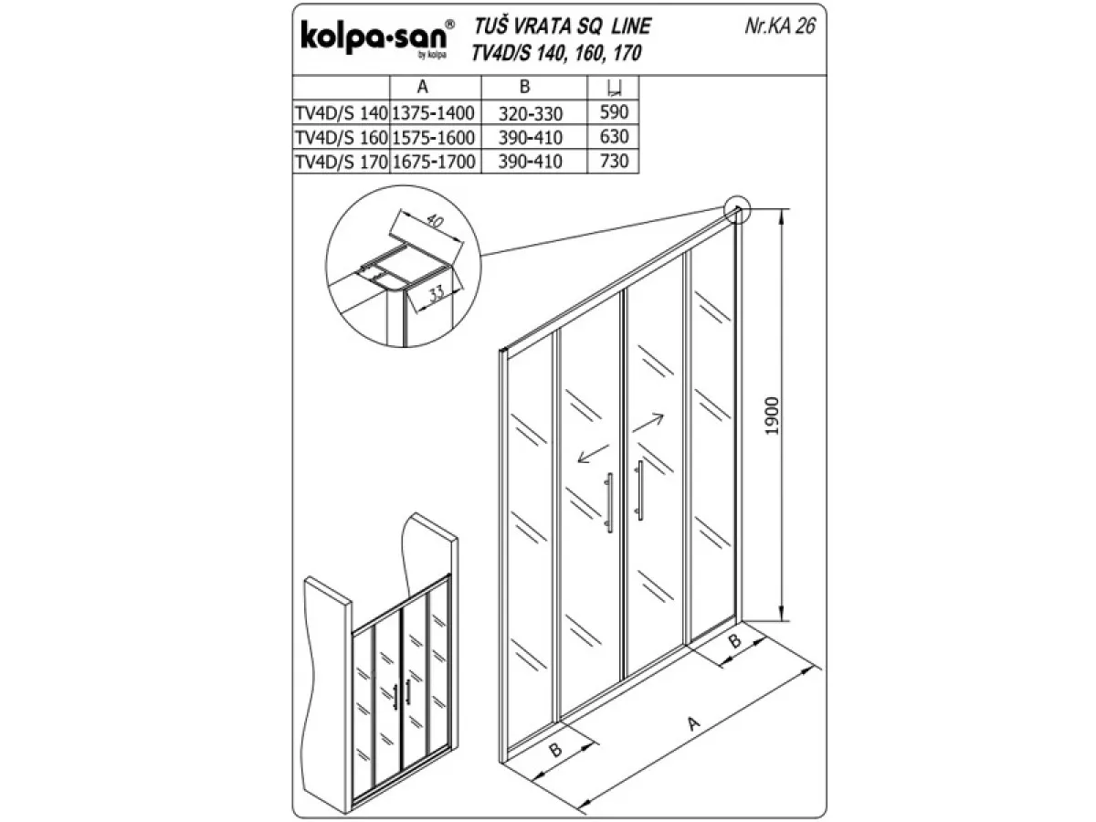 KOLPA TV4D/S SQ line 140 S/K SILVER tus vrata 5/6 mm SILVER/PROVIDNO h=190 - 511740 