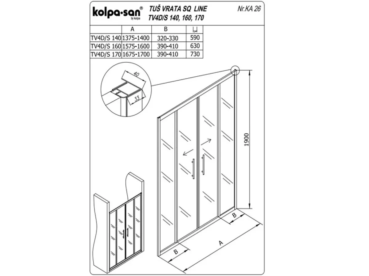 KOLPA TV4D/S SQ line 160 S/CH SILVER tus vrata 5/6 mm SILVER/CINCILA h=190 - 511760 