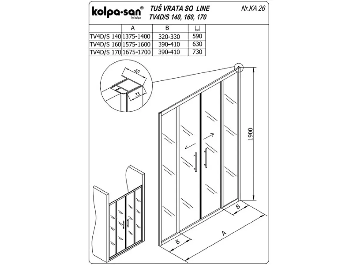 KOLPA TV4D/S SQ line 170 S/K SILVER tus vrata 5/6 mm SILVER/PROVIDNO h=190 - 511820 