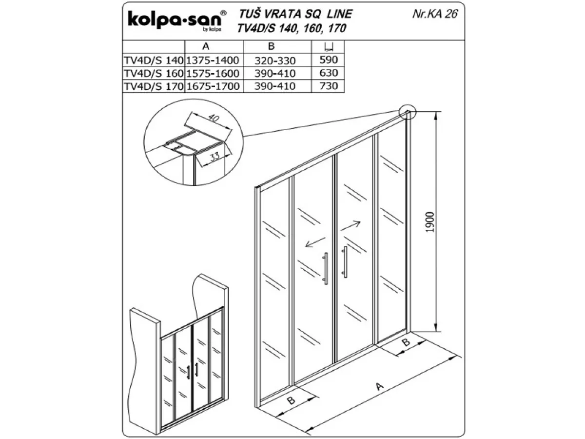 KOLPA TV4D/S SQ line 170 S/CH SILVER tus vrata 5/6 mm SILVER/CINCILA h=190 - 511800 