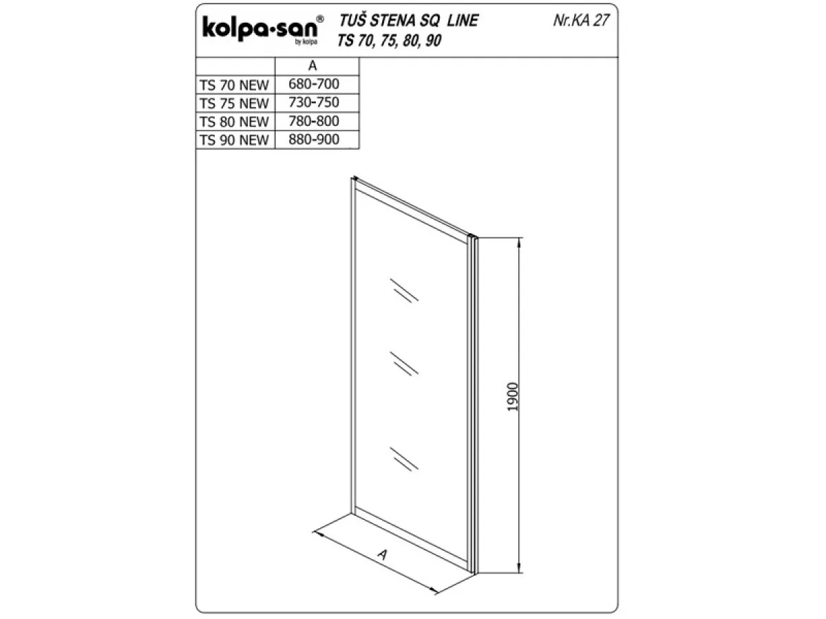 KOLPA TS SQ line 70/K SILVER - providno,tus stena 5 mm h=190 (komb. TKK,TV SQ line) - 527560 
