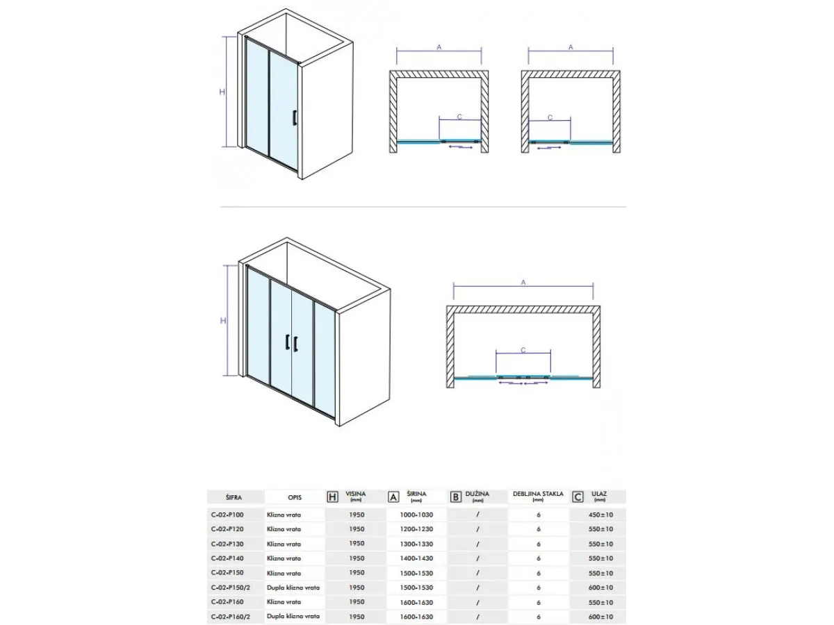 CONCEPT Klizna vrata  OPAL 1200x1950 staklo 6mm providno JBC626-120 / C-02-P120 