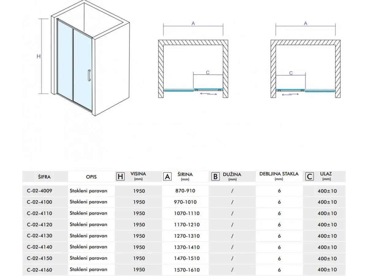 CONCEPT Stakleni paravan  ATLAS 1000x1950 staklo 6mm providno C-02-4100 