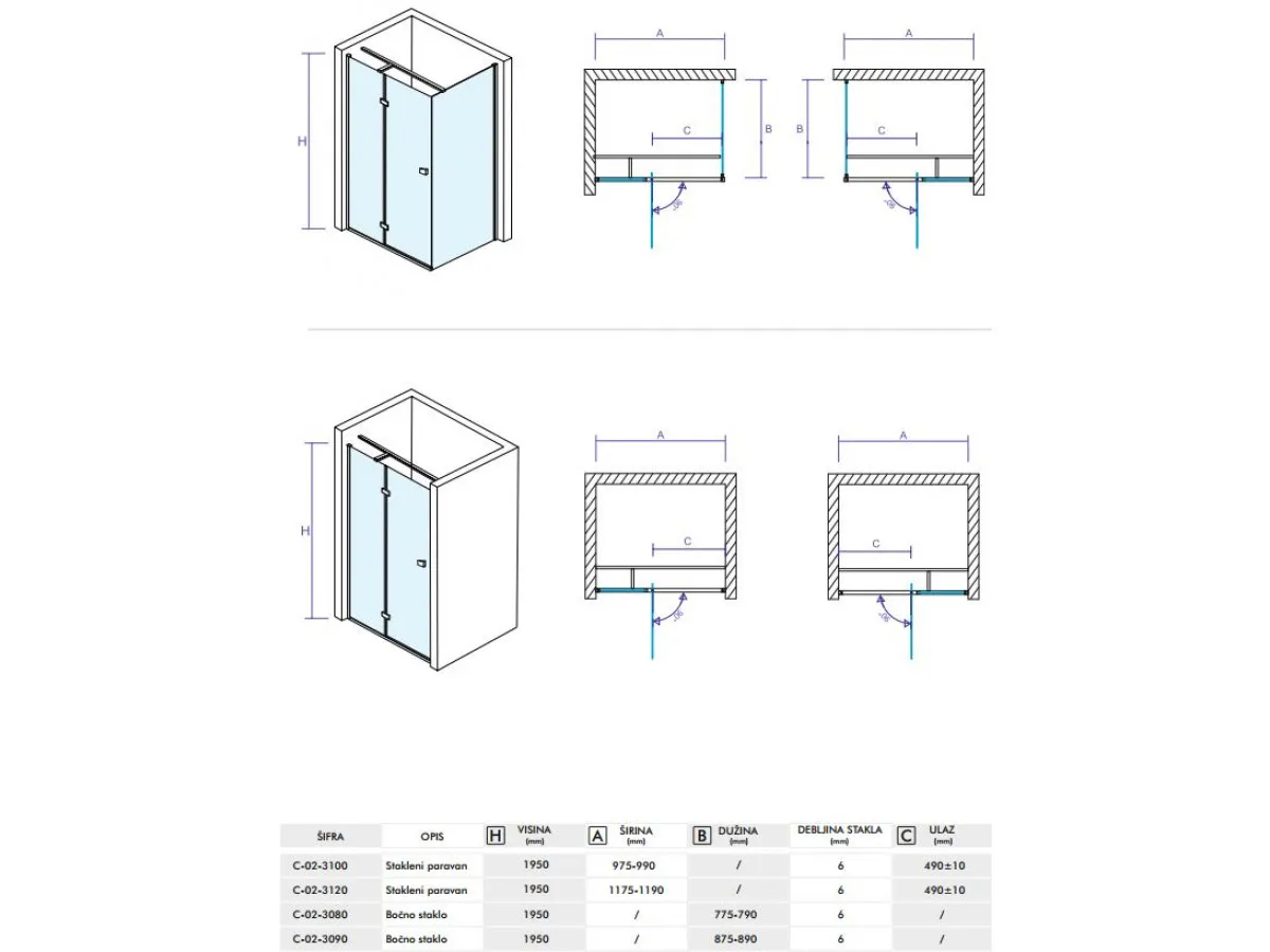 CONCEPT Stakleni paravan  FONTA 1200x1950 staklo 6mm providno C-02-3120 