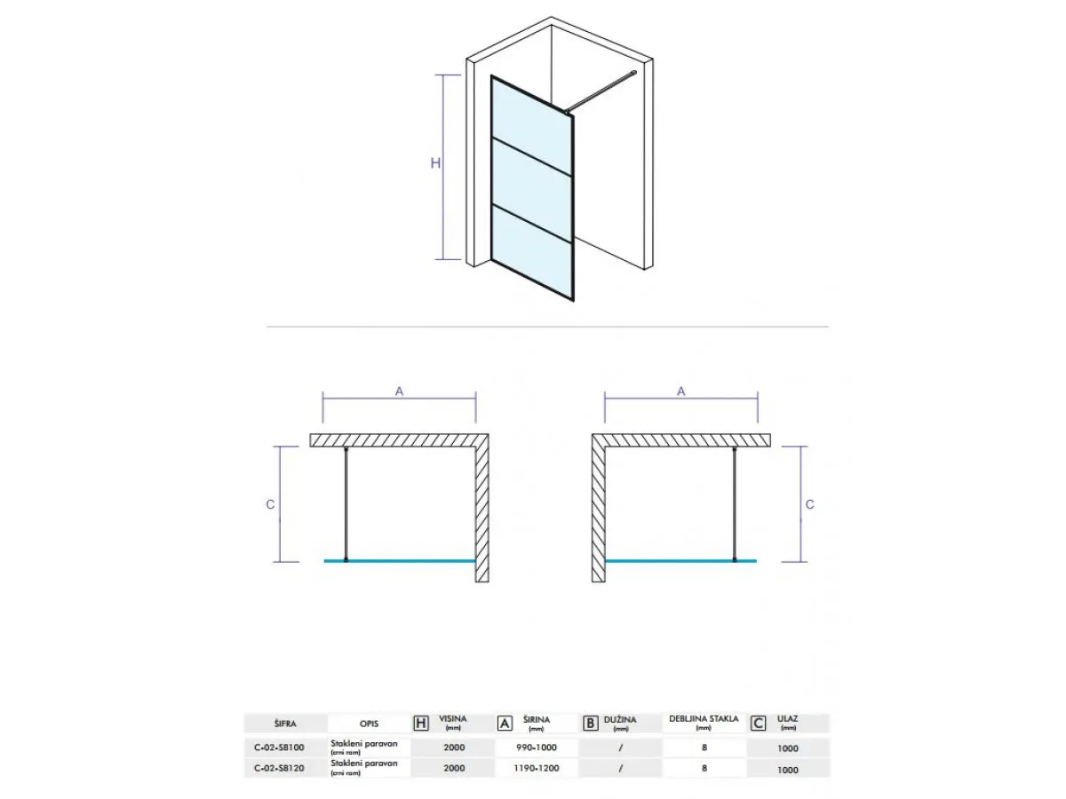 CONCEPT Stakleni paravan  MONTE 1200x2000 crni mat ram 8mm staklo C-02-SB120 