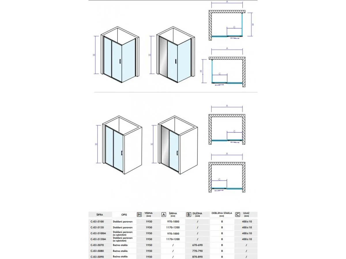 CONCEPT Stakleni paravan  TITAN 1000x1950 staklo 8mm providno C-02-5100 