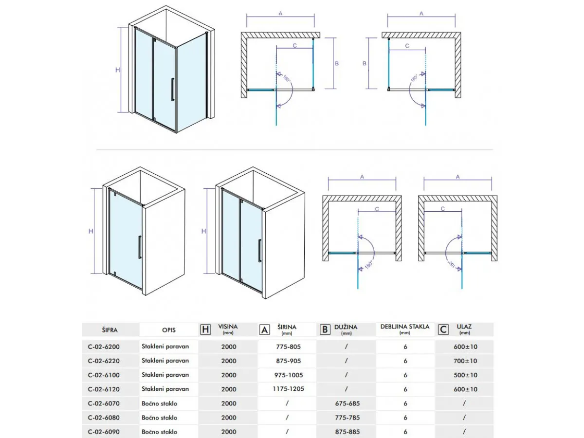 CONCEPT Tuš kabina  ABSOLUT 1000x900x2000 staklo 6mm providno sa pivot vratima C-02-6100/6090 