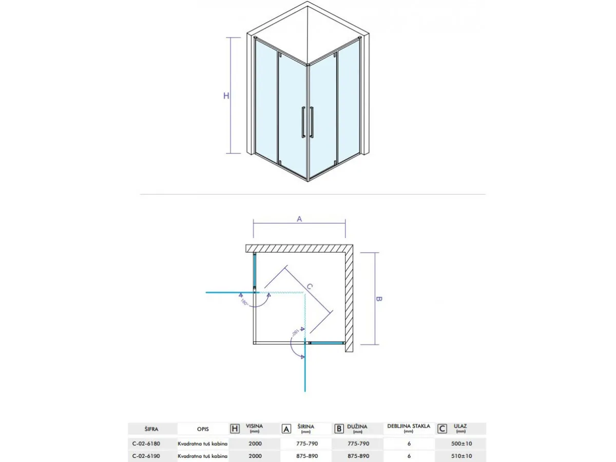 CONCEPT Tuš kabina  ABSOLUT 800x800x2000 staklo 6mm providno sa pivot vratima C-02-6180 