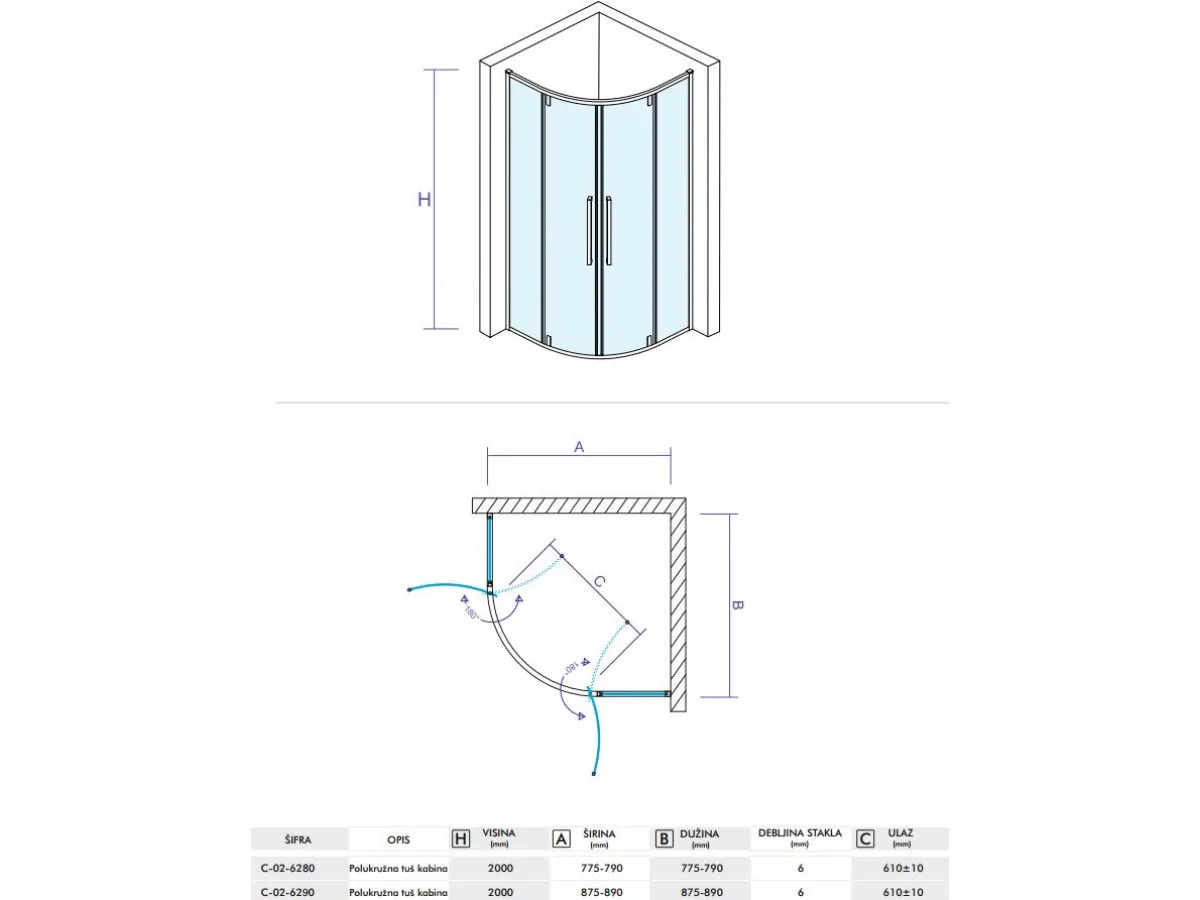 CONCEPT Tuš kabina  ABSOLUT R800x2000 staklo 6mm providno sa pivot vratima C-02-6280 